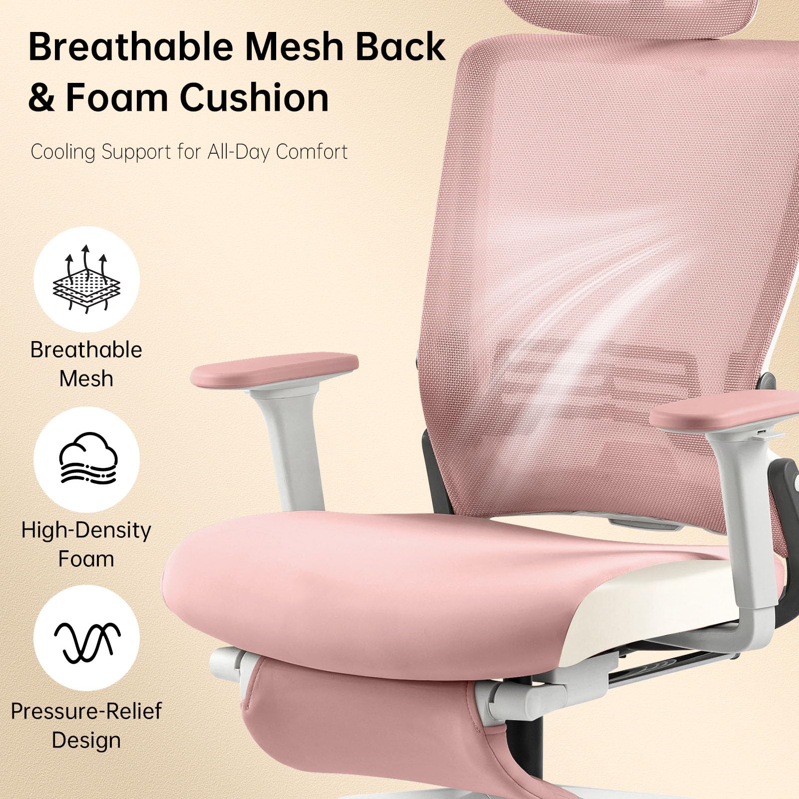 Foldable Office Chair with Foot Rest, Ergonomic Office Chair with Adjustable Lumbar Support, Headrest, Armrest, Home Office Desk Chair for Space Saving, Work from Home, Pink