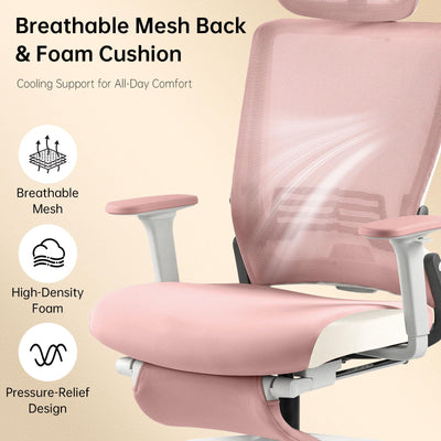 Foldable Office Chair with Foot Rest, Ergonomic Office Chair with Adjustable Lumbar Support, Headrest, Armrest, Home Office Desk Chair for Space Saving, Work from Home, Pink