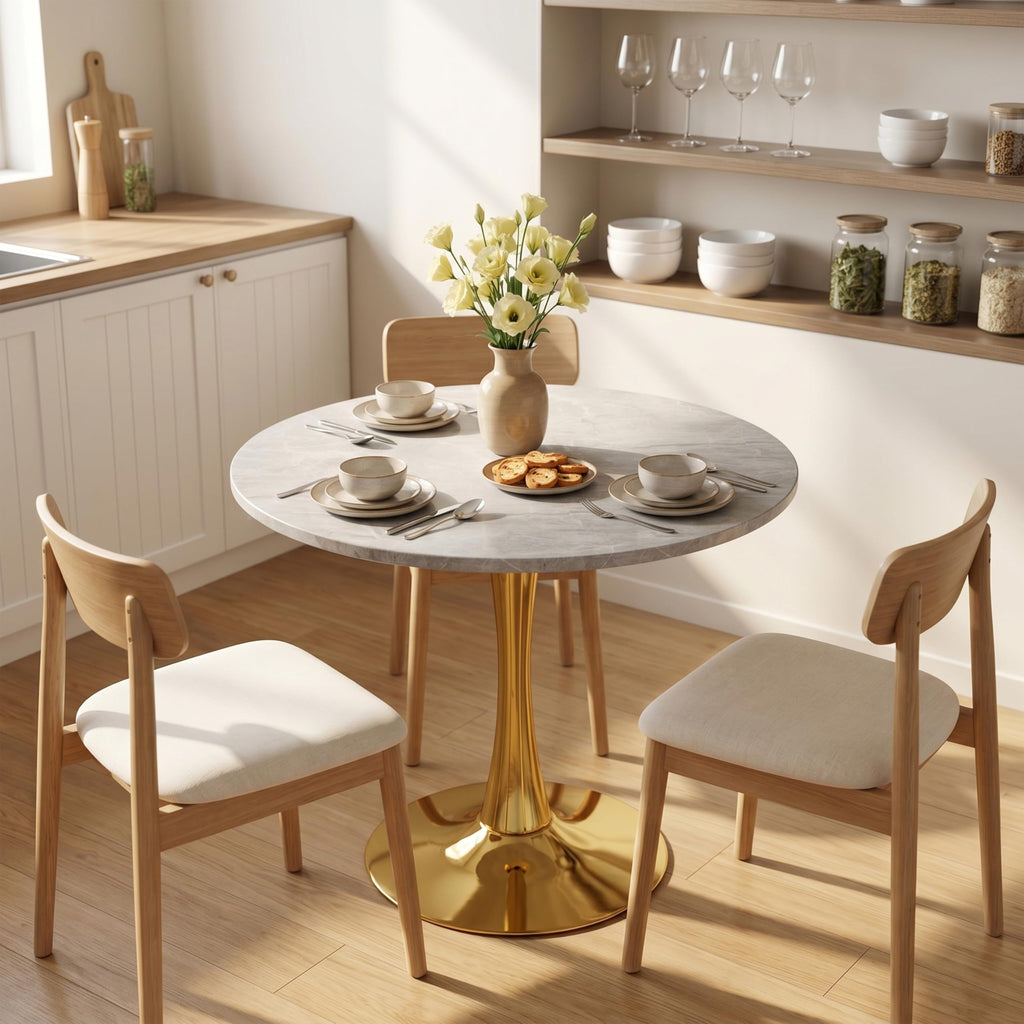 27.6" Marble Round Tulip Table, Mid-Century Modern Style Dining Table with Gold Pedestal Base for 2-4 People, Featuring A Marble Tabletop for Kitchen, Dining Room, Cafe (Light Grey)