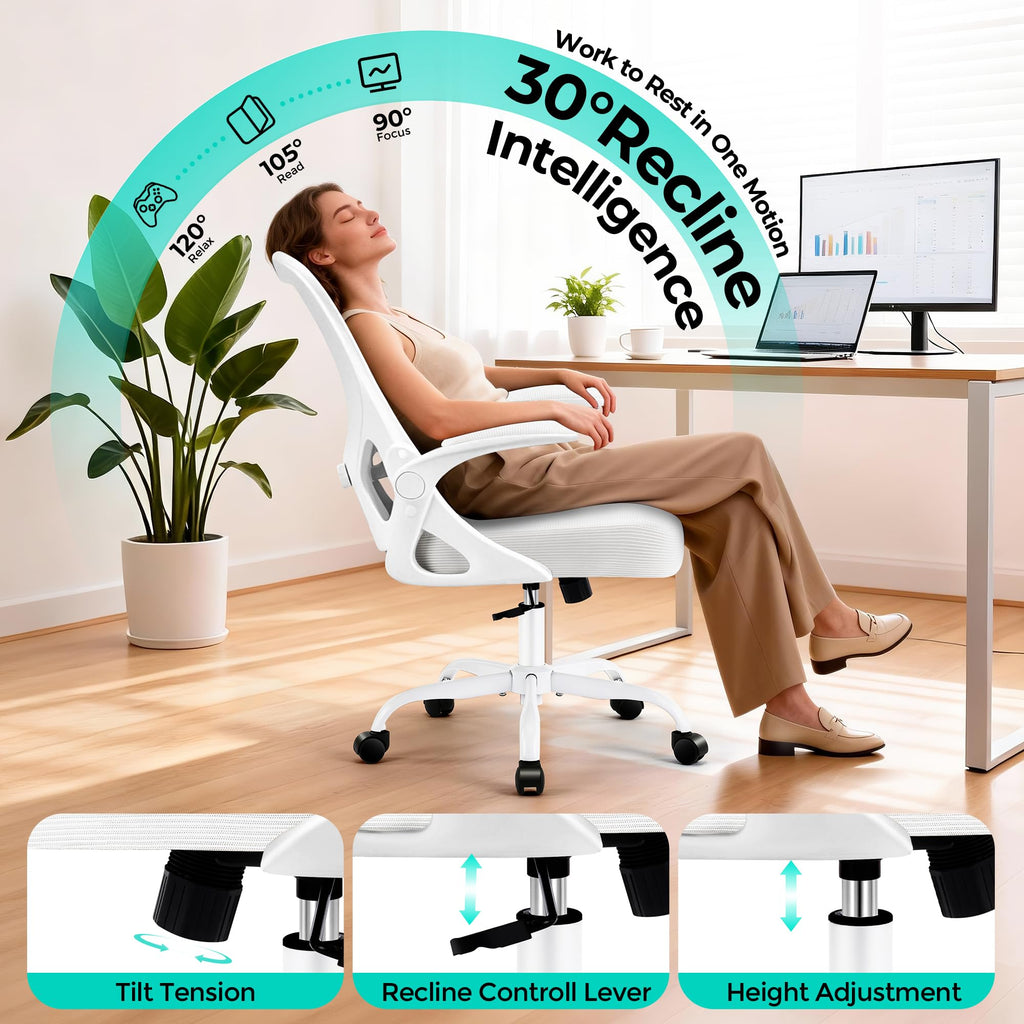 Office Chair - Ergonomic Breathable Mesh Desk Chair with Adjustable Lumbar Support and Flip-up Armrests - Executive High Back Rolling Swivel Comfortable Computer Gaming Chair for Home Office