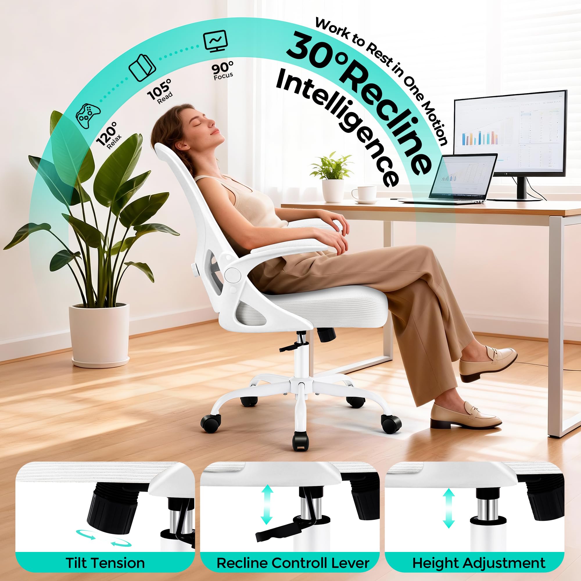 Office Chair - Ergonomic Breathable Mesh Desk Chair with Adjustable Lumbar Support and Flip-up Armrests - Executive High Back Rolling Swivel Comfortable Computer Gaming Chair for Home Office