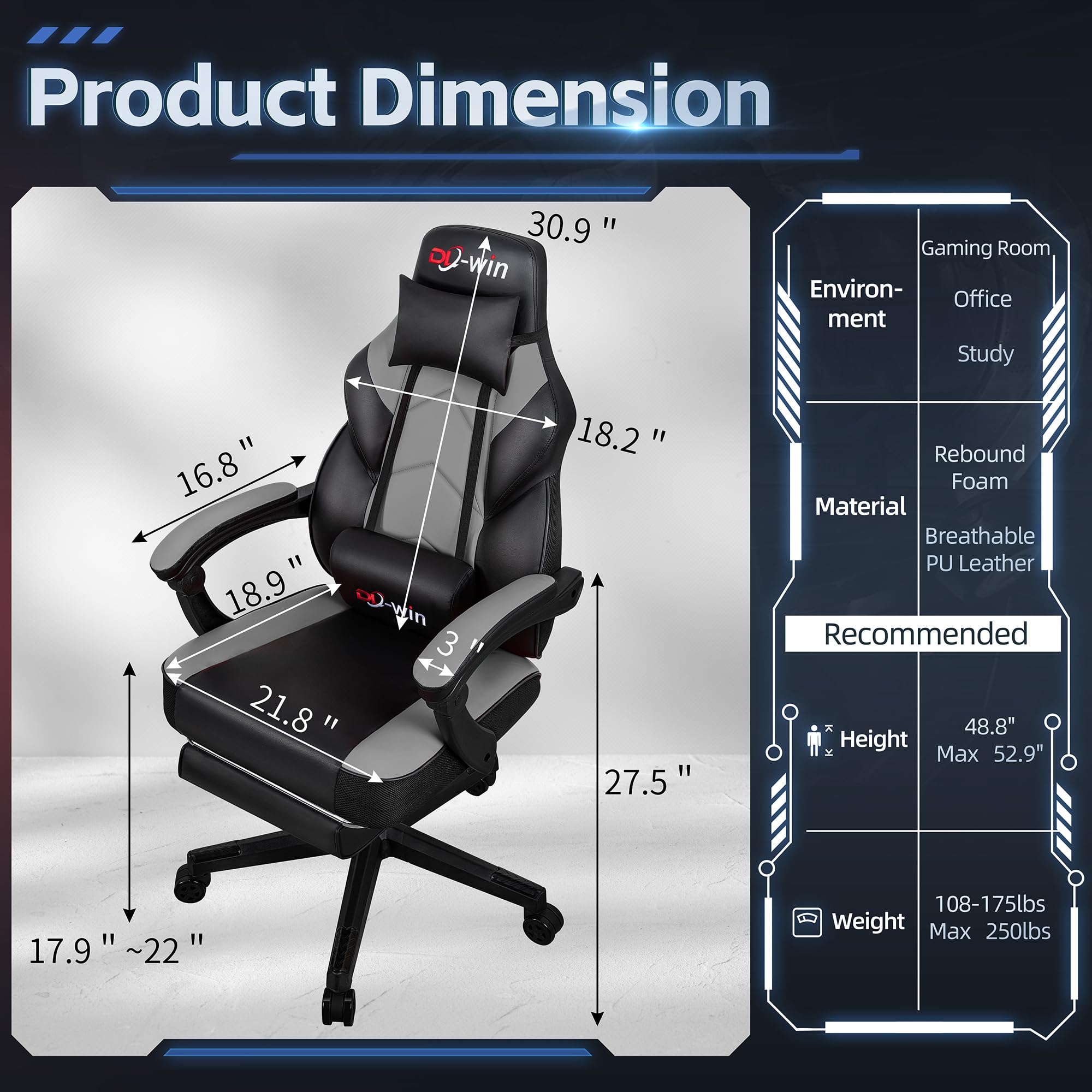 Gaming Chairs for Adults, Computer Chair with Footrest and High Back, Big and Tall Gamer Chair's with Massage Lumbar Support, 360° Swivel Height Adjustable Gaming Chair, Grey