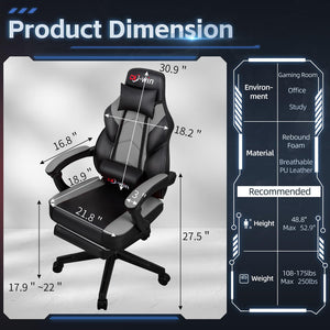 Gaming Chairs for Adults, Computer Chair with Footrest and High Back, Big and Tall Gamer Chair's with Massage Lumbar Support, 360° Swivel Height Adjustable Gaming Chair, Grey