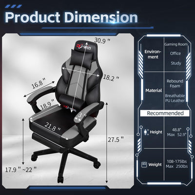 Gaming Chairs for Adults, Computer Chair with Footrest and High Back, Big and Tall Gamer Chair's with Massage Lumbar Support, 360° Swivel Height Adjustable Gaming Chair, Grey