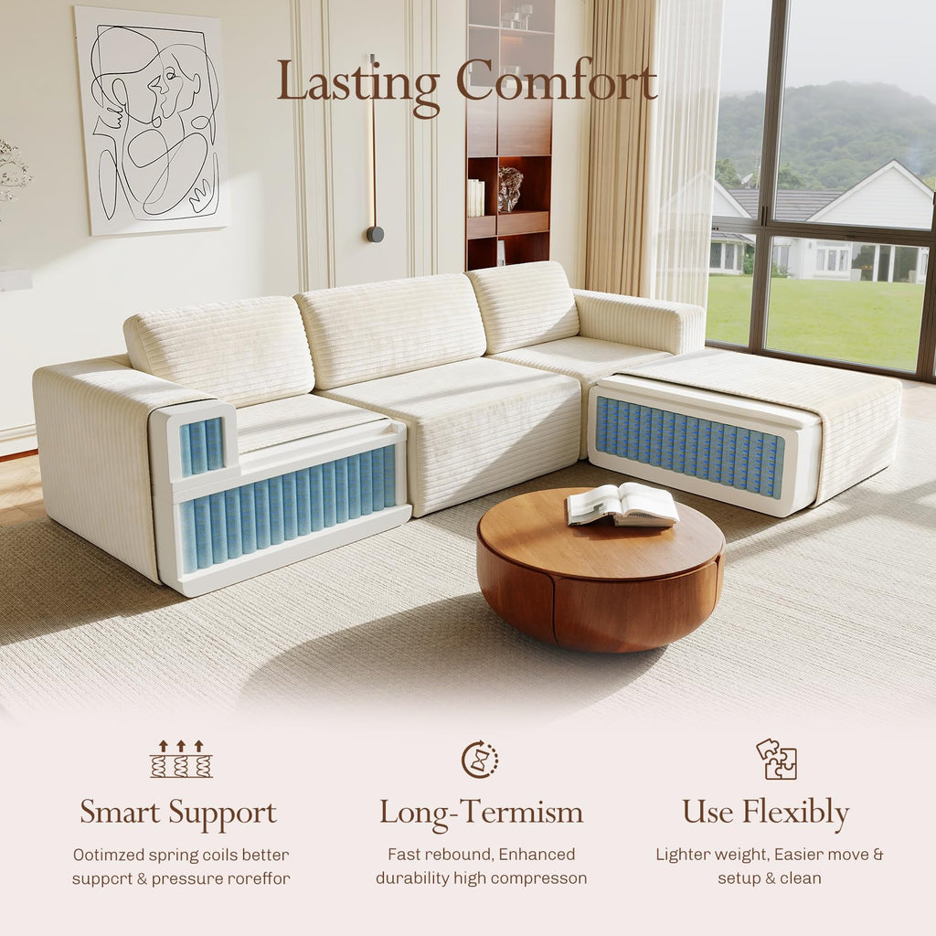 119" L-Shaped Modular Sectional Sofa, Corduroy Cloud Couch with Deep Seating & Spring Support, Flexible Layout Sofa with Ottoman, Boneless Style, No Assembly Required, Beige