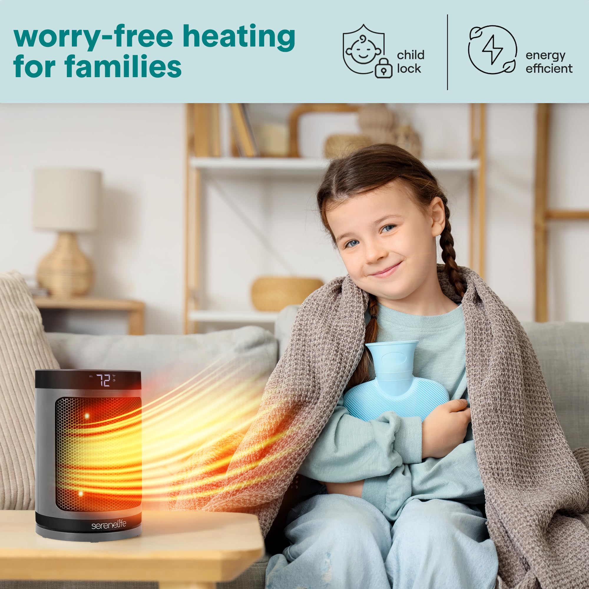 Portable Space Heater – 1500W PTC Ceramic Electric Heater with Thermostat, Remote, 12-Hour Timer, 3 Heating Modes, Oscillation, Safe & Quiet for Home, Office, Bedroom (Gray)