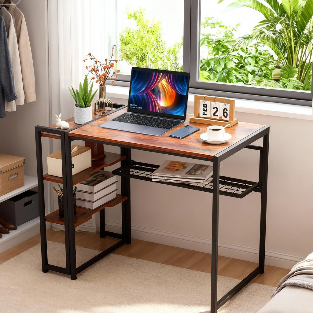 35 inch Folding Desk Writing Computer Desk with Storage Shelf,Spaces Saving Writing Sturdy Table No Assembly,for for Bedroom, Home Office, Dorm, Apartment, Brown