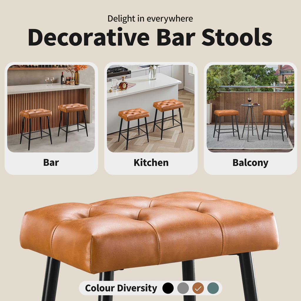 Counter Height Bar Stools Set of 2, 24 Inch Bar Stools for Kitchen Island, Farmhouse Bar Stool for Counter, Modern Kitchen Stools with Sturdy Metal Base and Thickened Cushion, Brown