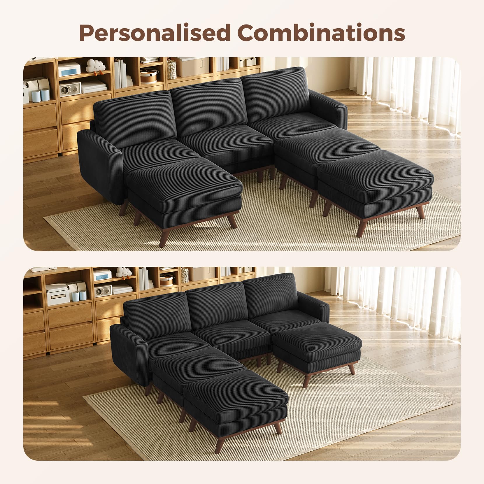 97" Modular Sectional Sofa Black, Sectional Couch with Movable Ottoman, Comfy Corduroy Couch with Spring Cushion, Modular Sofa with Deep Seat for Living Room, Bedroom and Apartment