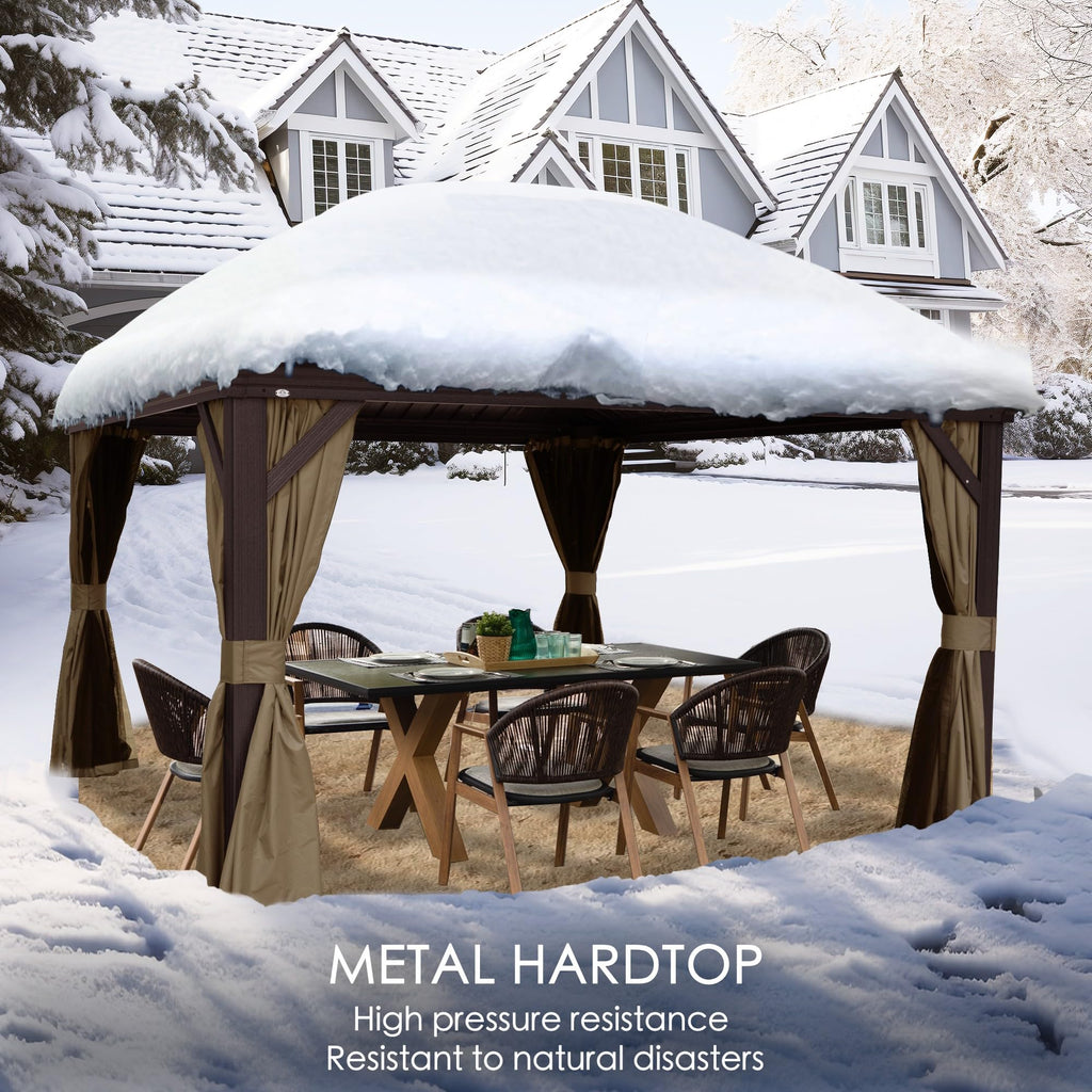 10' x 12' Hardtop Gazebo, Aluminum Frame with Galvanized Steel Double Roof, Outdoor Permanent Pavilion with Curtains and Netting for Patio, Backyard, Deck, Lawn(Brown)