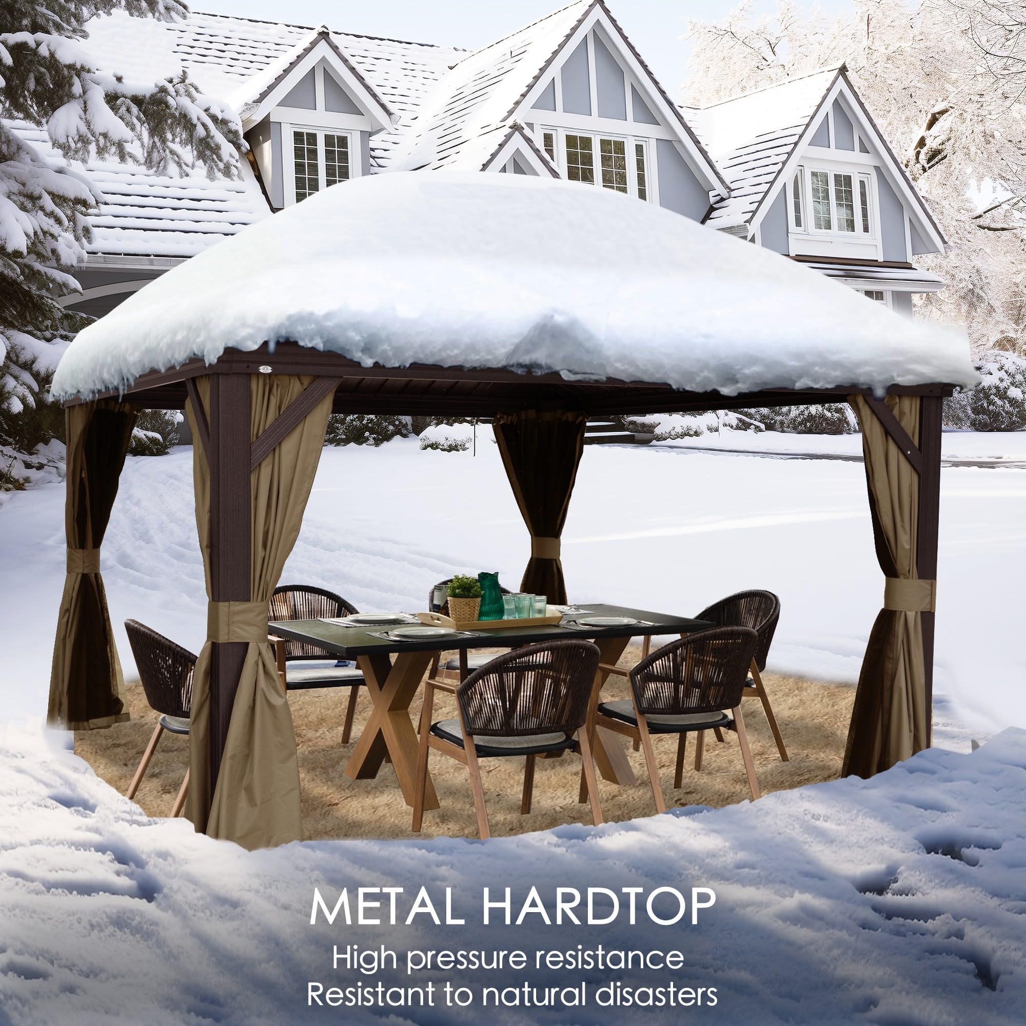 10' x 12' Hardtop Gazebo, Aluminum Frame with Galvanized Steel Double Roof, Outdoor Permanent Pavilion with Curtains and Netting for Patio, Backyard, Deck, Lawn(Brown)