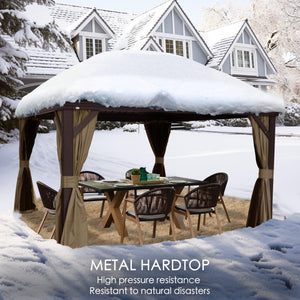 12' x 12' Hardtop Gazebo, Aluminum Frame with Galvanized Steel Double Roof, Outdoor Permanent Pavilion with Curtains and Netting for Patio, Backyard, Deck, Lawn(Brown)