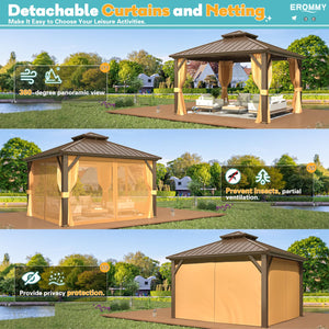 12' x 12' Hardtop Gazebo, Aluminum Frame Gazebos with Galvanized Steel Double Roof, Permanent Outdoor Metal Pavilion with Curtain and Netting for Patio, Lawn, Deck