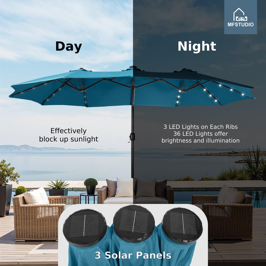15ft Double Sided Patio Umbrella with Solar Lights, Outdoor Large Umbrellas with Crank Handle and 36 LED Lights, Rectangular Market Umbrella with Base Included for Deck Pool Shade, Cerulean