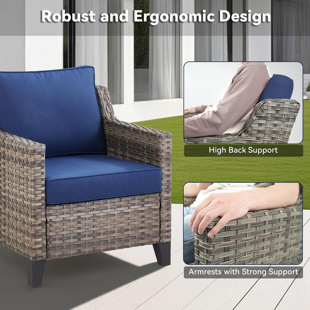 3 Pieces Patio Furniture Sets-Outdoor PE Rattan Wicker Chairs with Thickened Cushion and Glass Coffee Table,All Weather Patio Conversation Set for Garden Backyard Porch Deck Grey/Blue
