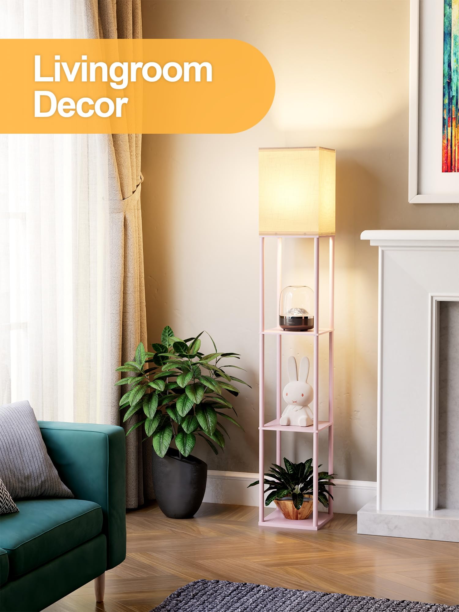 Pink Floor Lamp with Shelves for Living Room, Shelf Floor Lamp with 3 CCT LED Bulb, Corner Display Standing Column Lamp Etagere Organizer Tower Nightstand with White Linen Shade for Bedroom, Office