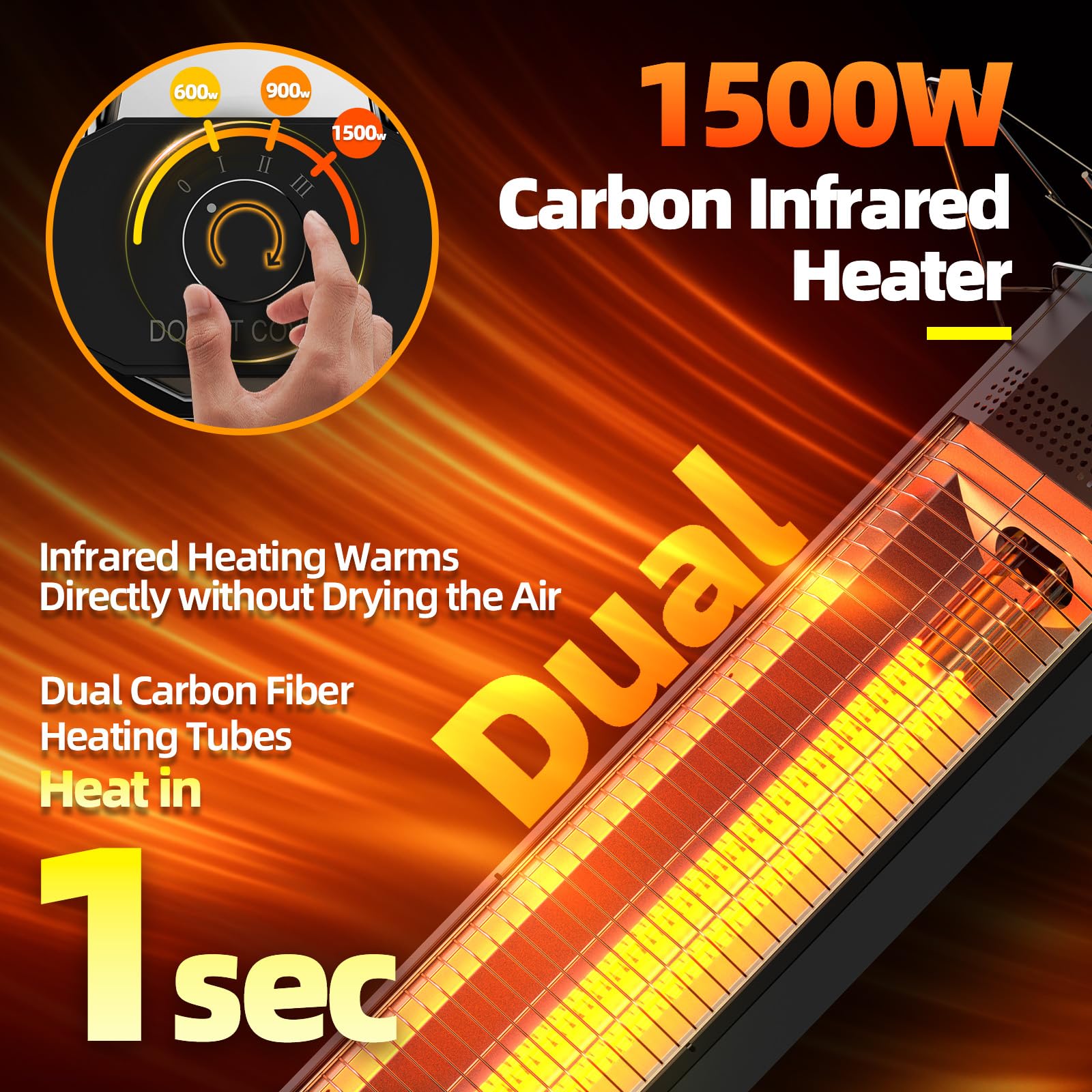 Outdoor Electric Patio Heater, 34- inch Outdoor Electric Patio Heater, 1500W Instant Heating, 3 Heat Levels, Tip-Over & Overheat Protection, IPX5 Waterproof Portable Garage Heater Porch Indoor