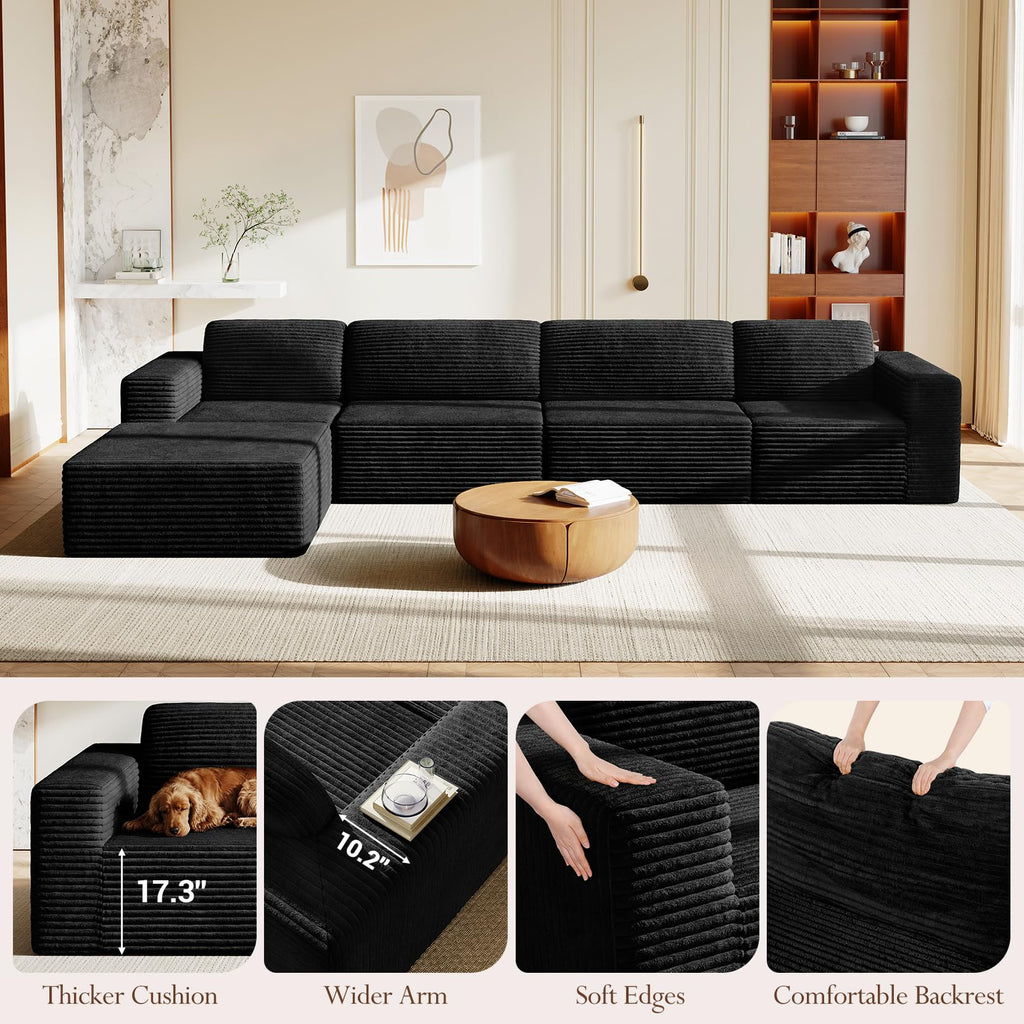 159" Large Modular Sectional Sofa, L-Shaped Corduroy Cloud Couch with Deep Seats & Spring Support, 4-Seater Boneless Sofa with Movable Ottoman, No Assembly Needed, Black