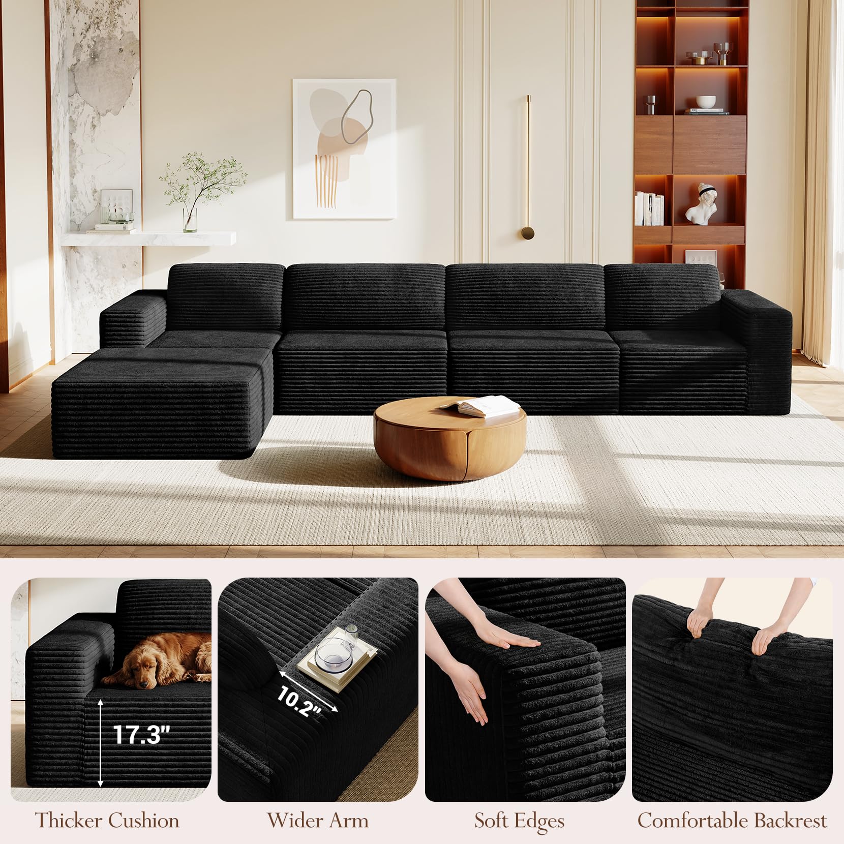 159" Large Modular Sectional Sofa, L-Shaped Corduroy Cloud Couch with Deep Seats & Spring Support, 4-Seater Boneless Sofa with Movable Ottoman, No Assembly Needed, Black