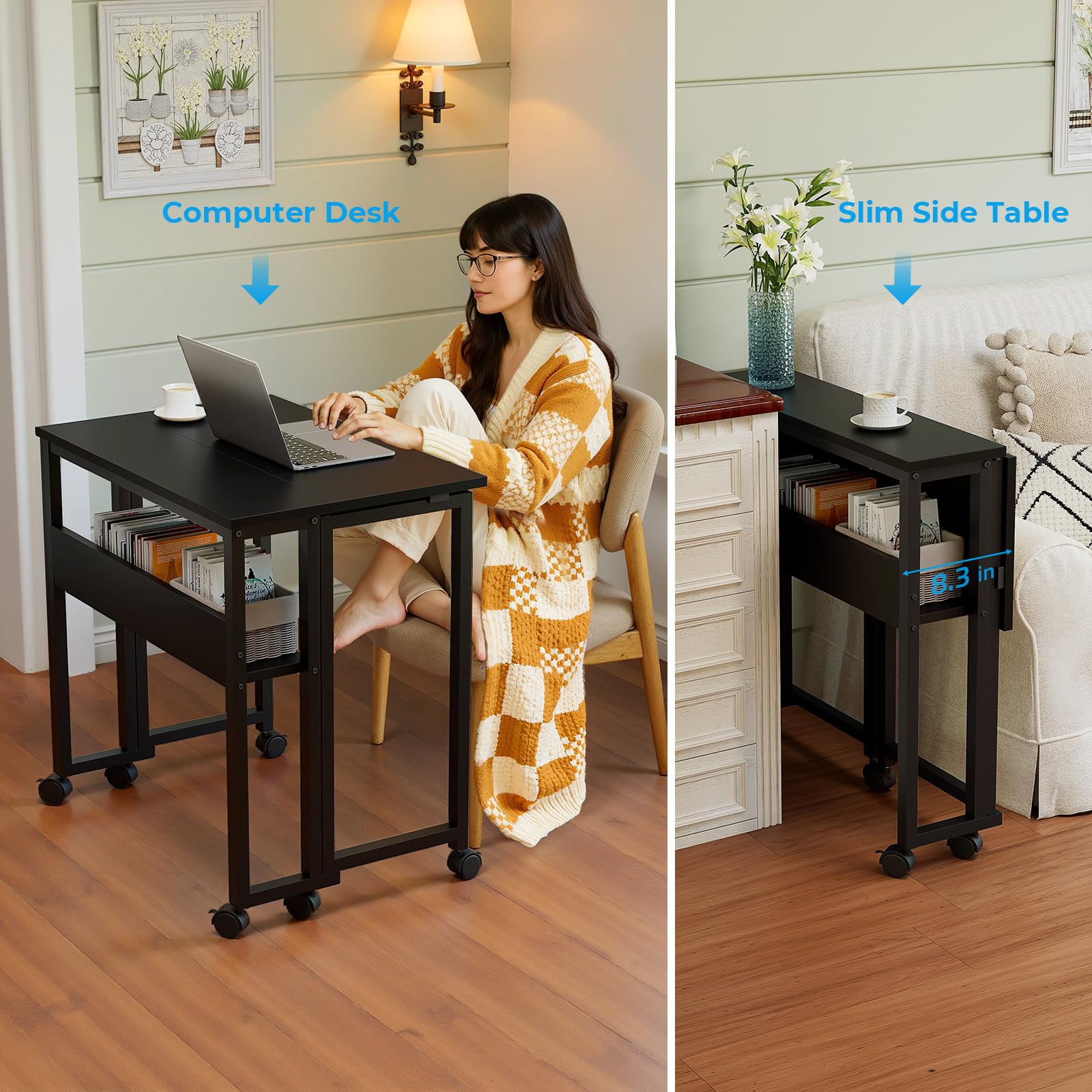 Folding Desk with Wheels, 31.5 Inch Compact Rolling Computer Table with Storage Shelf, Portable Mobile Workstation for Small Spaces, Easy Assembly, Black