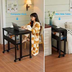 Folding Desk with Wheels, 31.5 Inch Compact Rolling Computer Table with Storage Shelf, Portable Mobile Workstation for Small Spaces, Easy Assembly, Black