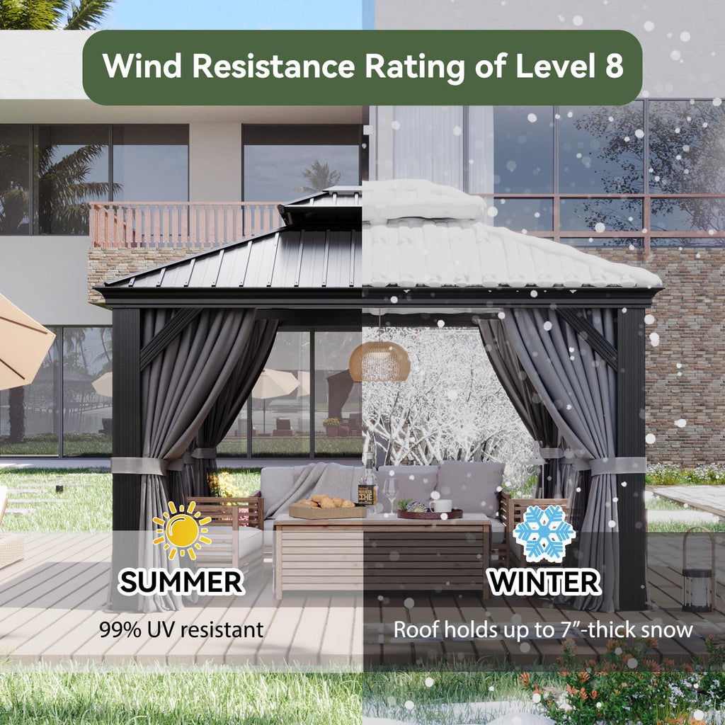 10' X 12' Hardtop Gazebo with Drainage System, Aluminum Outdoor Gazebo with Galvanized Steel Double Roof, Patio Permanent Metal Pavilion with Netting, for Garden, Deck, Grey