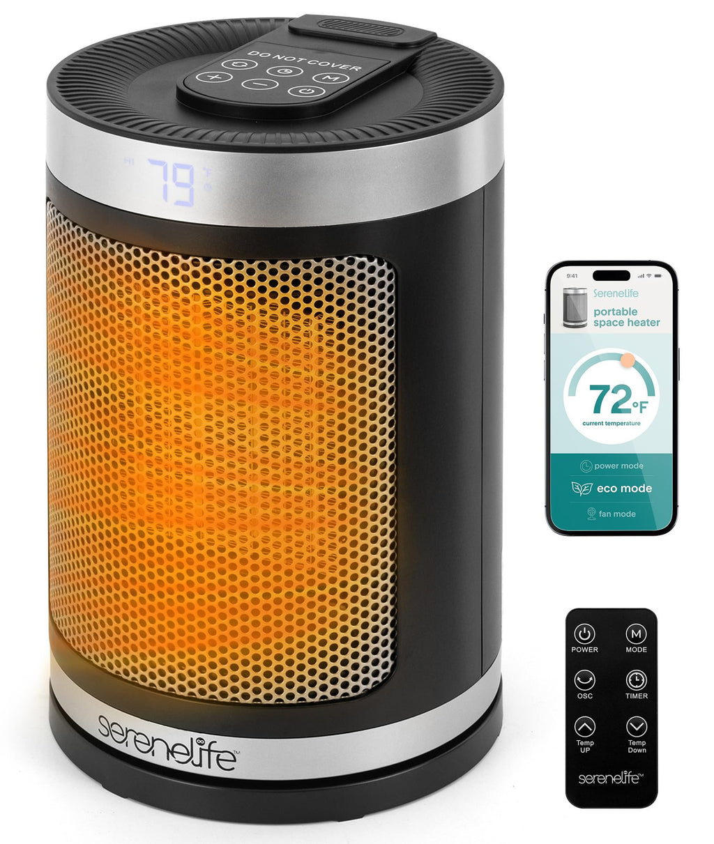 Smart Space Heater – 1500W Indoor Electric Heater with Thermostat, Remote Control, 12-Hour Timer, Wi-Fi Enabled PTC Ceramic Heating for Home and Office, Black (5.9" x 5.9" x 9.5")