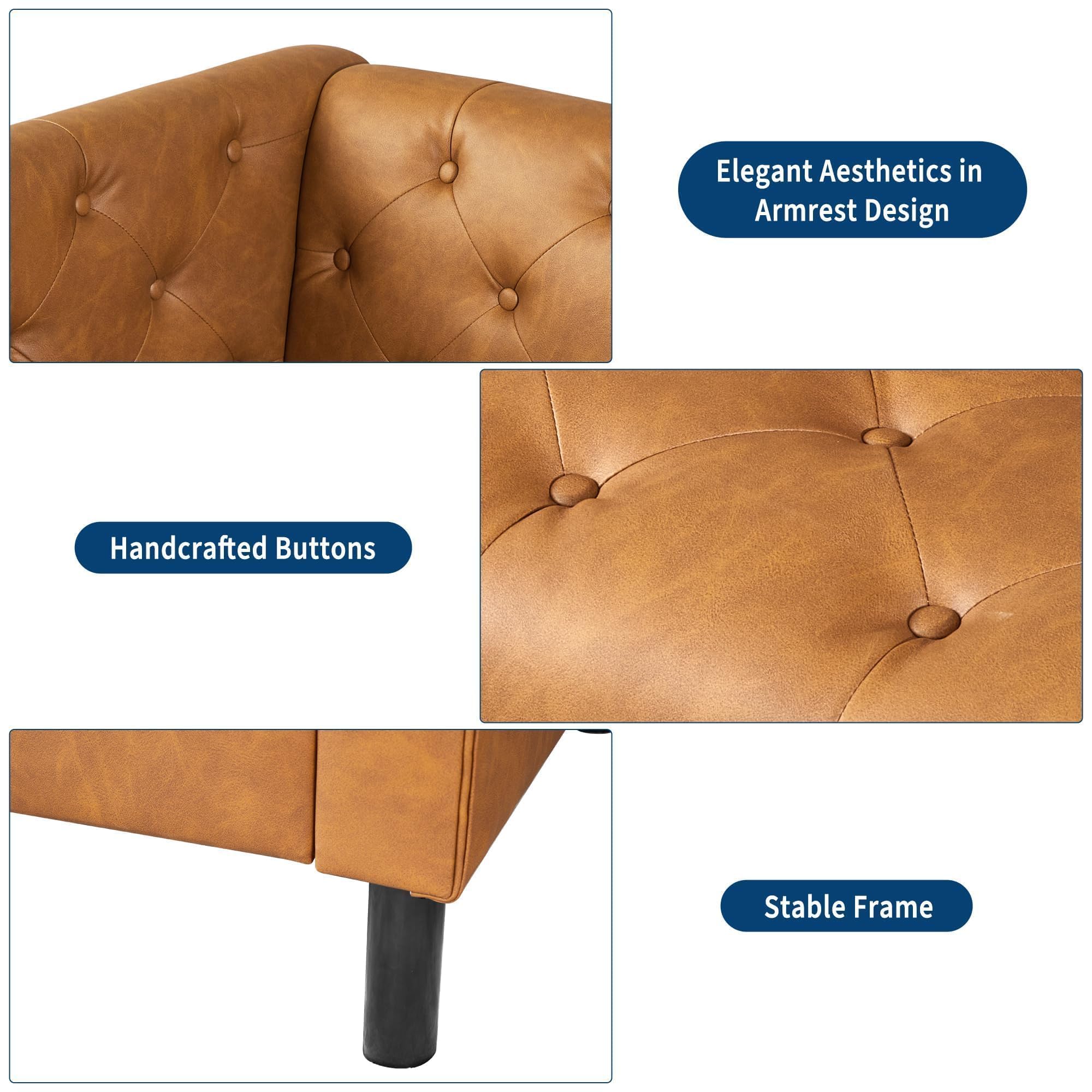 81" Leather Couch for Living Room, Chesterfield Sofa with Deep Seat, Handmade Button Tufted 3 Seater Sofa, Modern Leather Sofa for Apartment, or Office, Cognac Tan