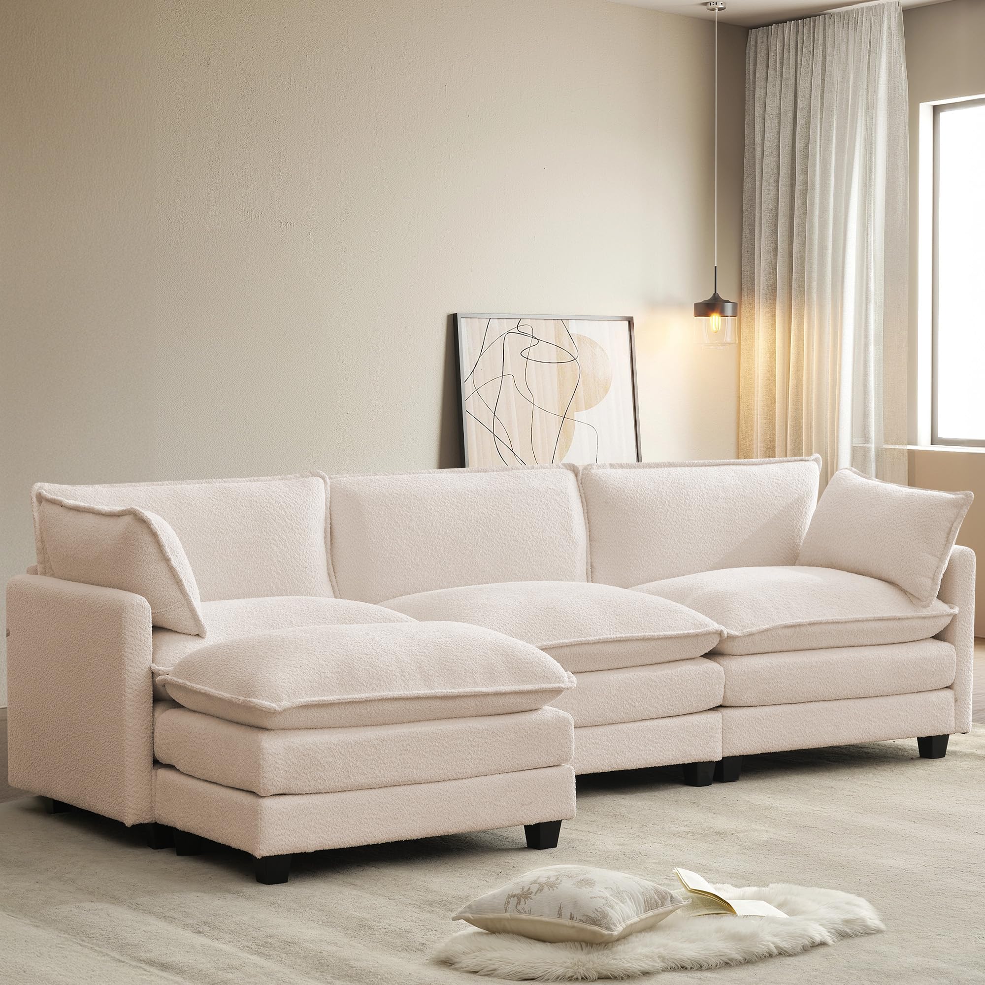 112'' Modular Sectional Cloud Couch with Movable Ottoman, 4 Seat Modern Chenille Sofa with 2 Throw Pillows, Deep Seat L Shaped Couch for Living Room Bedroom Apartment, Beige