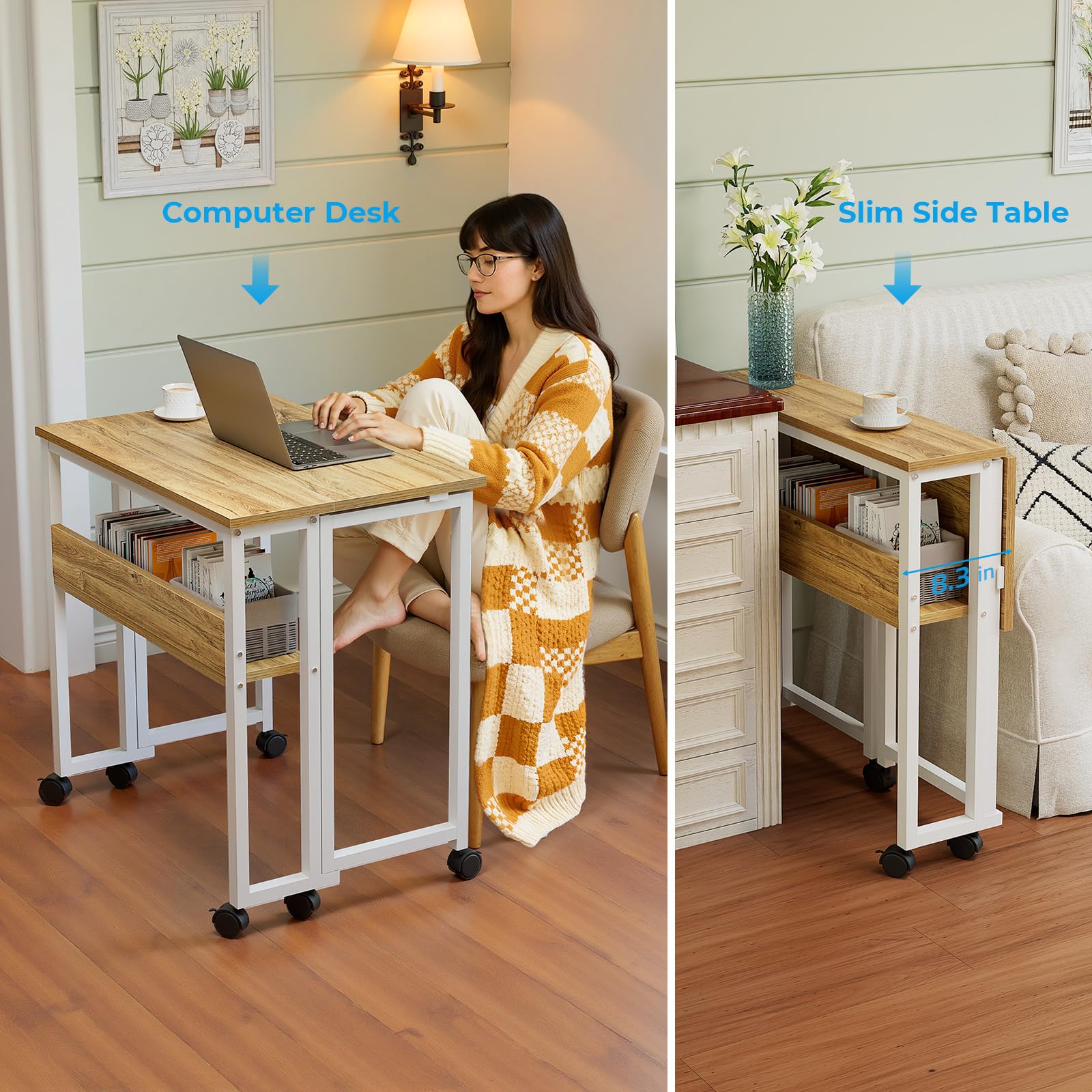 Folding Desk with Wheels, 24.8 Inch Compact Rolling Computer Table with Storage Shelf, Portable Mobile Workstation for Small Spaces, Easy Assembly, Oak
