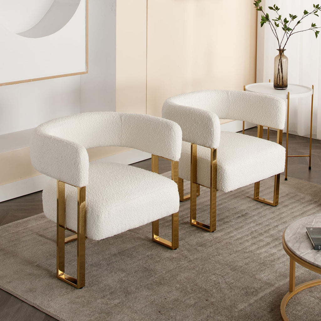 Modern Barrel Accent Chair, Boucle Fabric Living Room Chair with Gold Metal Legs, Comfy Upholstered Single Sofa Armchair Side Chair for Lounge/Bedroom/Reading, White