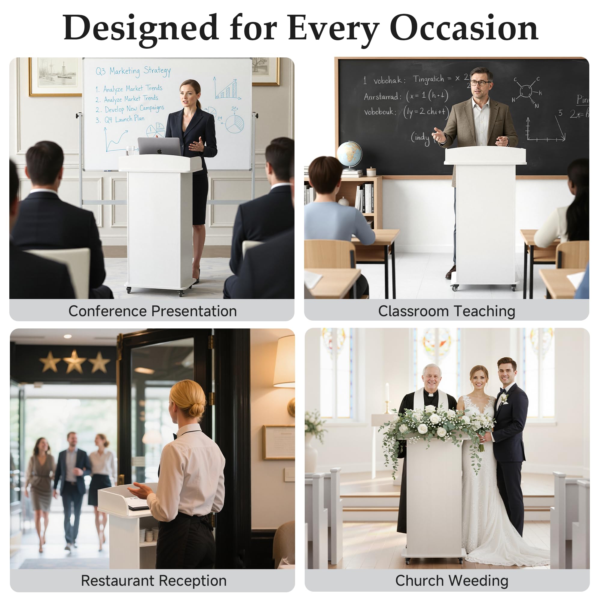Portable Podium Stand with 4 Metal Wheels, Mobile Lectern Stand with Storage for Church Classroom Restaurant Reception Office Presentation, Wooden Pulpit Desk for Hostess Teacher (White)