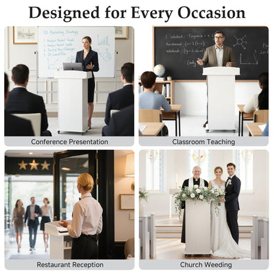 Portable Podium Stand with 4 Metal Wheels, Mobile Lectern Stand with Storage for Church Classroom Restaurant Reception Office Presentation, Wooden Pulpit Desk for Hostess Teacher (White)