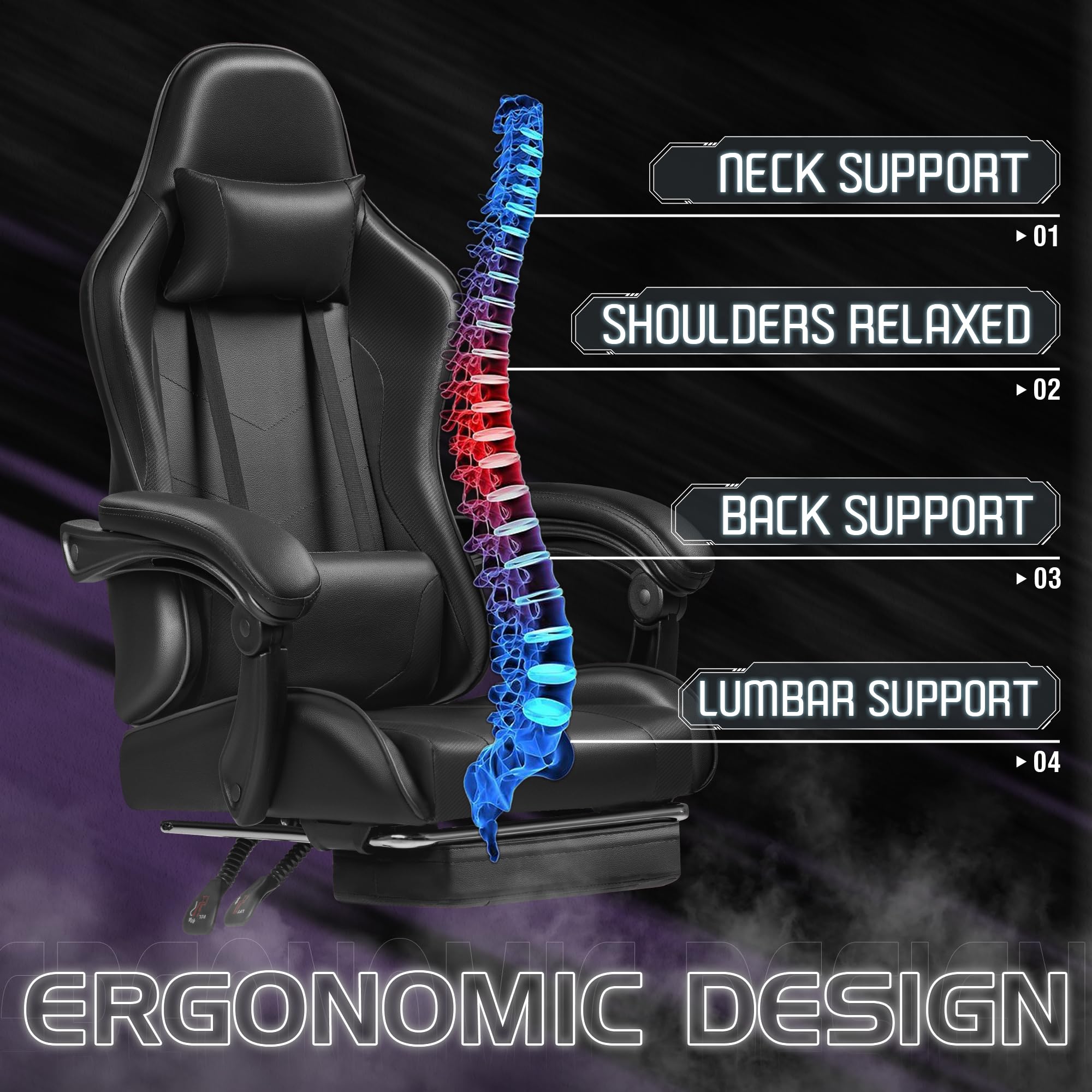 Gaming Chair, Video Game Chair with Footrest and Massage Lumbar Support, Ergonomic Computer Chair Height Adjustable with Swivel Seat and Headrest (Dark Black)