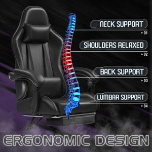 Gaming Chair, Video Game Chair with Footrest and Massage Lumbar Support, Ergonomic Computer Chair Height Adjustable with Swivel Seat and Headrest (Dark Black)