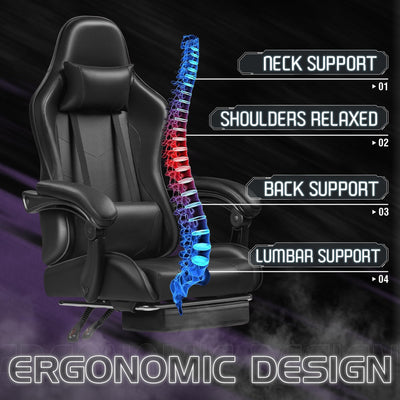 Gaming Chair, Video Game Chair with Footrest and Massage Lumbar Support, Ergonomic Computer Chair Height Adjustable with Swivel Seat and Headrest (Dark Black)
