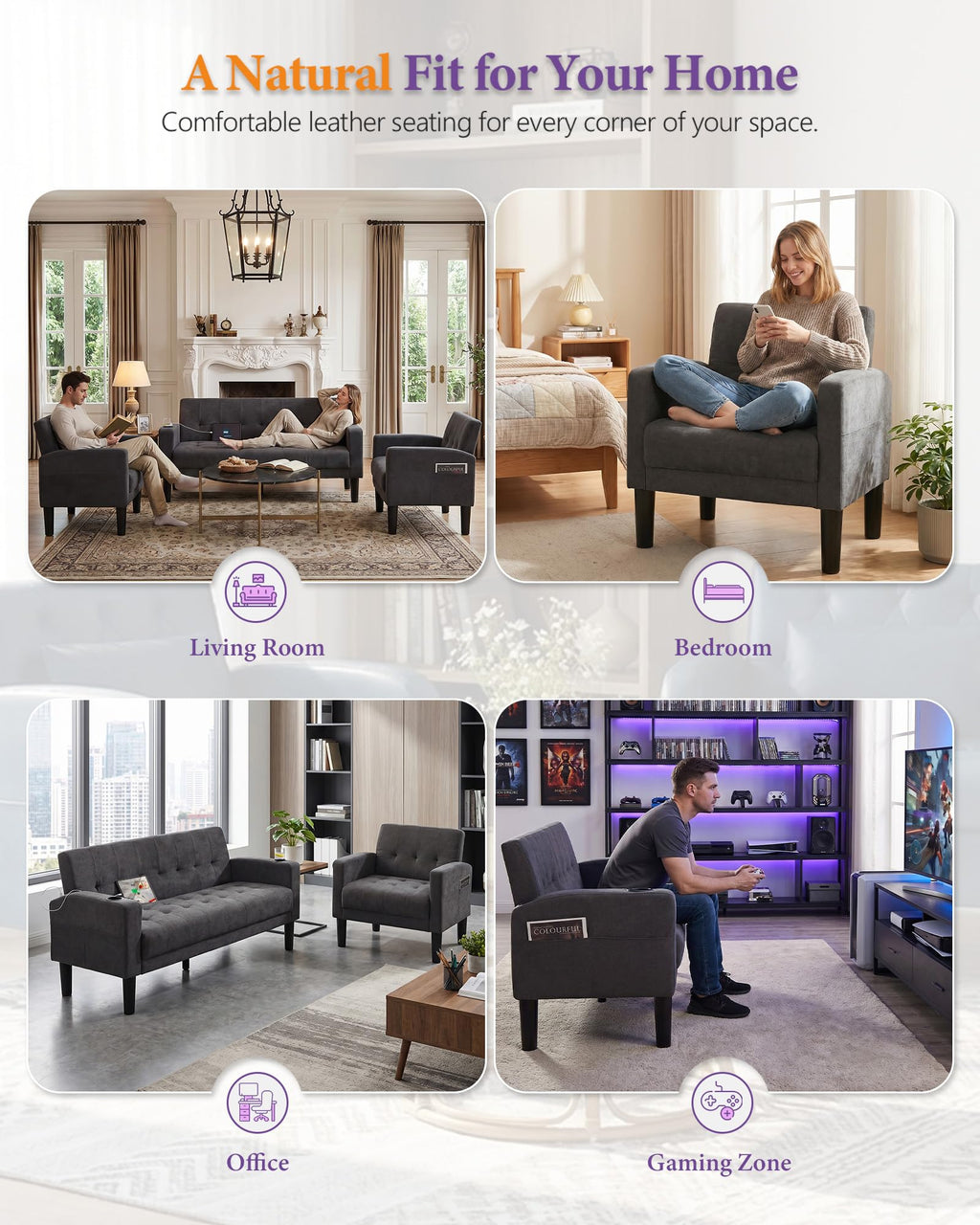 Sofa Couch, Living Room Furniture Sectional Sofa Sets 2 Pcs, Tufted Mid-Century Loveseat w/USB, Cupholders & Comfy Single Sofa for Small Space, Apartment, Office (Dark Grey)
