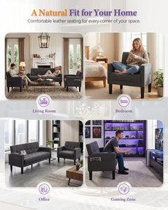 Sofa Couch, Living Room Furniture Sectional Sofa Sets of 3 Pcs, Tufted Mid-Century Loveseat w/USB, Cupholders & Comfy Single Sofa for Small Space, Apartment, Office (Dark Grey)