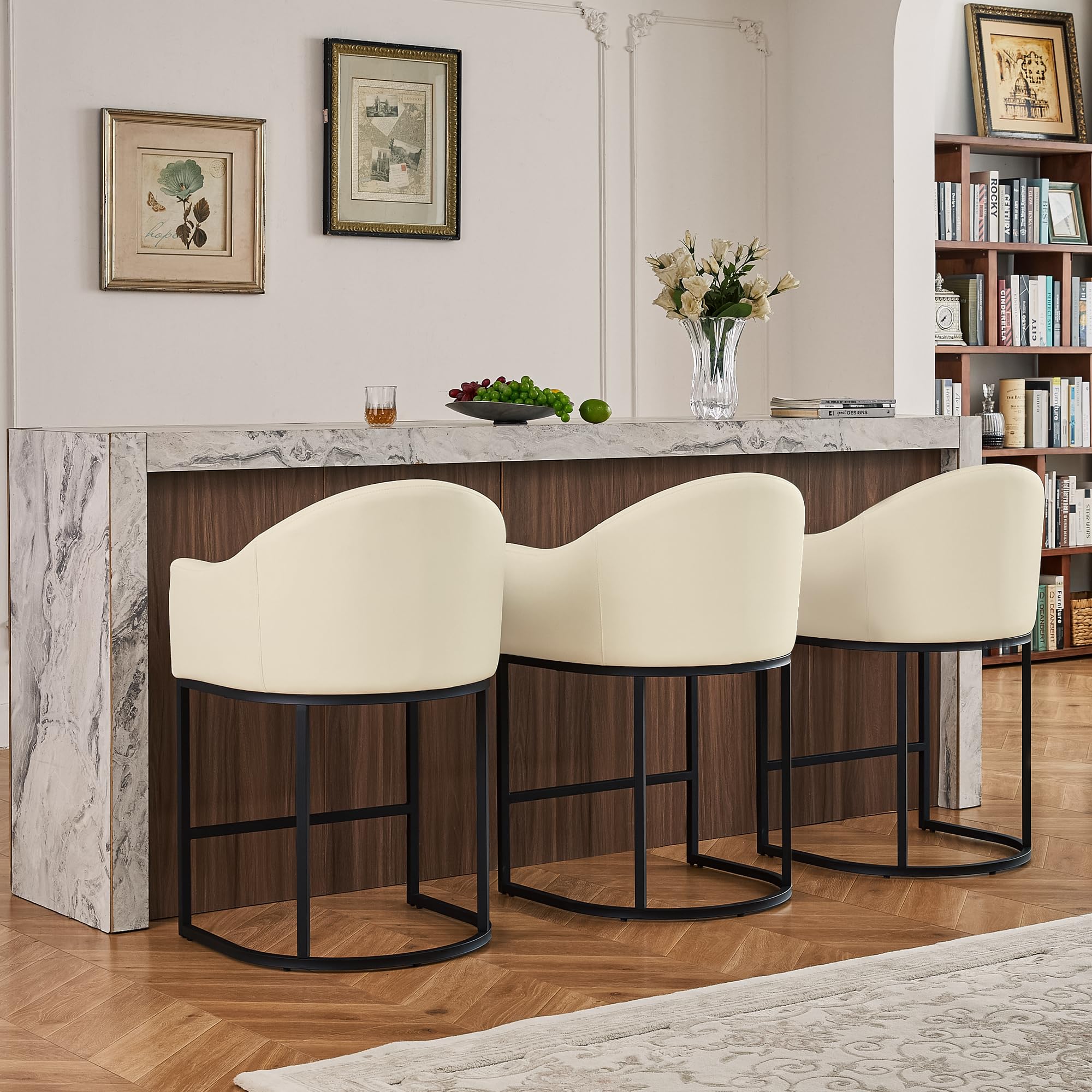 26" Modern Counter Height Bar Stools,Barstools with Arms,Kitchen Island Chairs,PU Leather Upholstered Barrel Bar Stools with Backs,Metal Black Frames,Beige White Leather