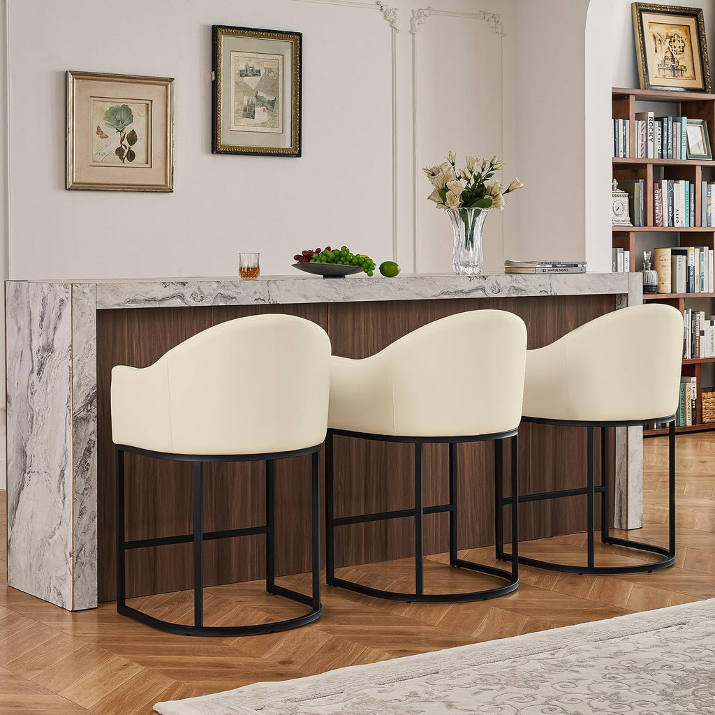 Counter Height Bar Stools Set of 2,Modern Counter Height Bar Stools,PU Leather Upholstered Barrel Barstools with Backs,26'' Kitchen Island Chairs,Metal Black Frames,Beige White Leather