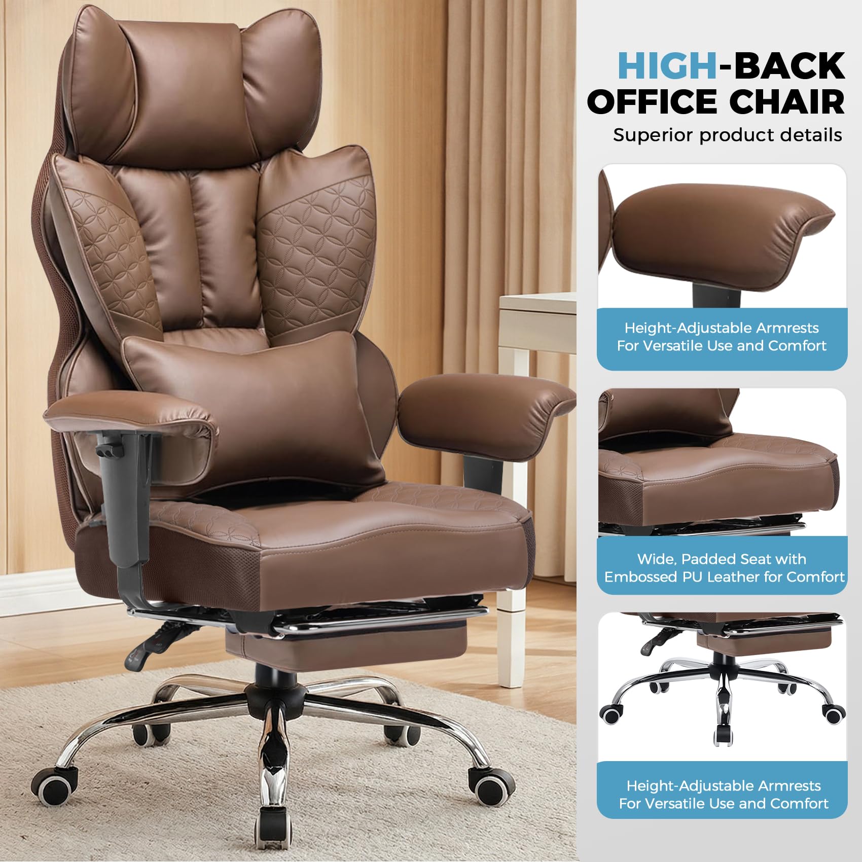 Big and Tall Office Chair Heavy Duty Wide Ergonomic Gaming Chair with Deluxe Embossing Designed Leather with Foot Rest,150°Reclining Adjustable Armrests Pocket Spring Back Support and Pillow