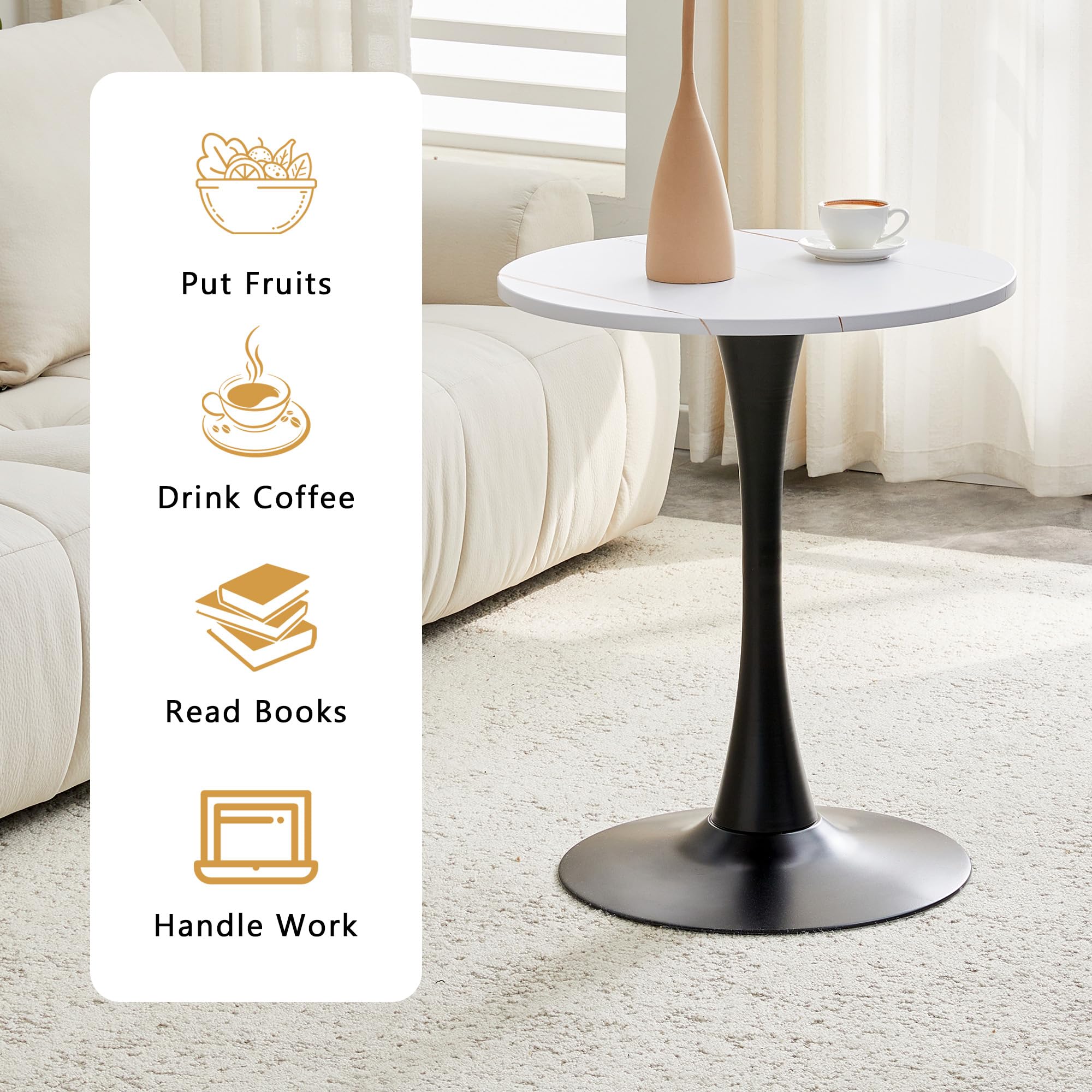 Round Dining Table, 23.6" Circle Tulip Table with Thickened Tabletop & Metal Pedestal, Mid Century Modern Bistro Table for Kitchen, Small Places, Living Room