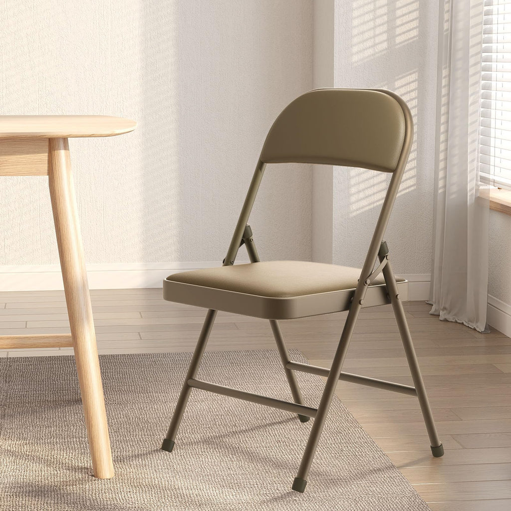 4 Pack Folding Chairs with Padded Vinyl Cushion Chairs with Comfortable Cushion and Durable Steel Frame for Home and Office, for Indoor and Outdoor Events (Kahki, Vinyl)