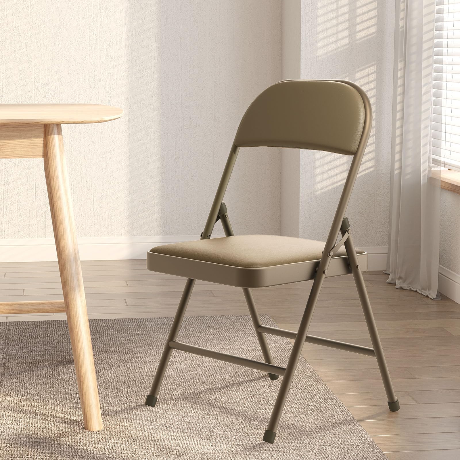 4 Pack Folding Chairs with Padded Vinyl Cushion Chairs with Comfortable Cushion and Durable Steel Frame for Home and Office, for Indoor and Outdoor Events (Kahki, Vinyl)