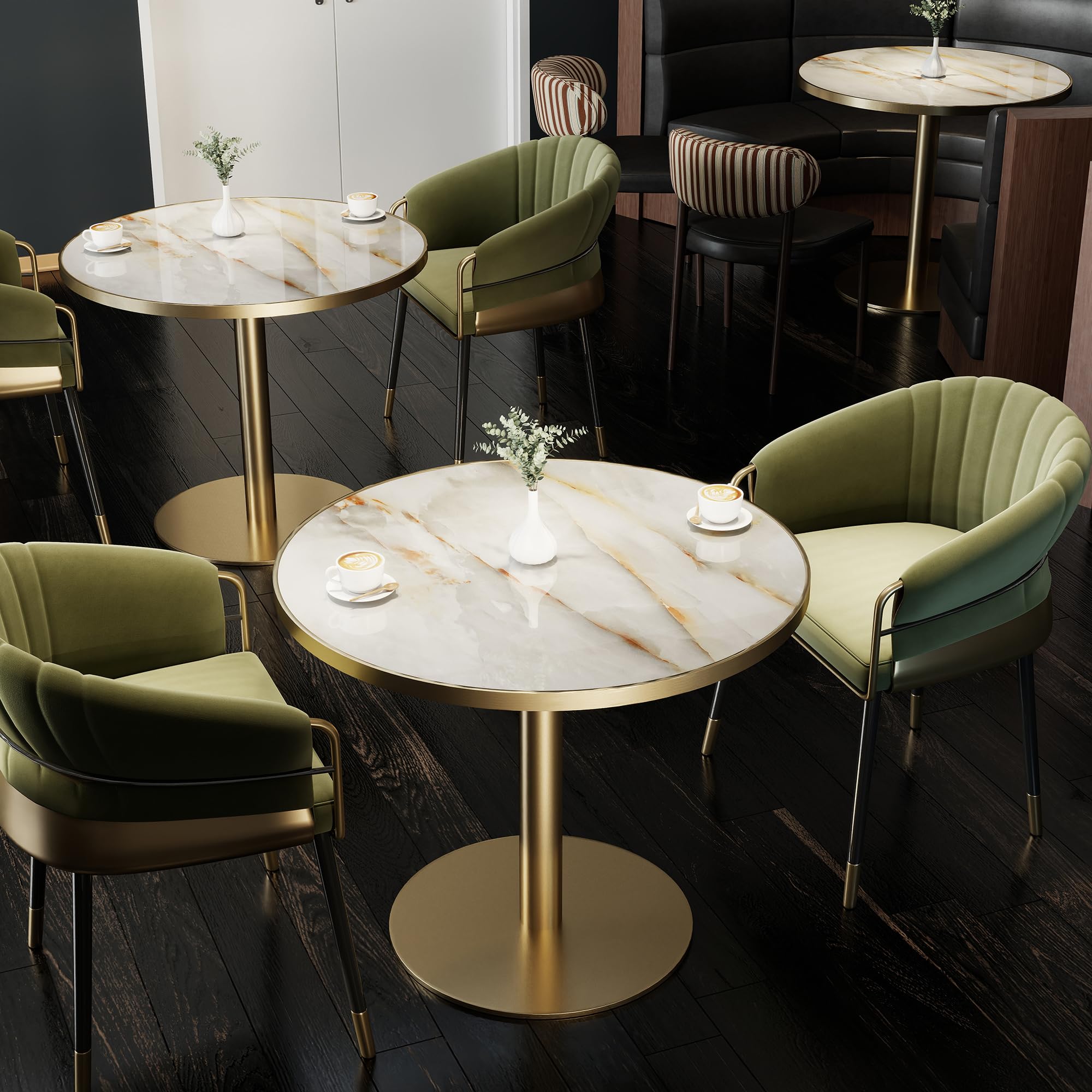 31.5" Tulip Table,Round Kitchen Dining Table for 2-4 with Thick Sintered Stone Top,Titanium Golden Pedestal Base,Heat-Resistant,Bistro Table for Dining Room,Café,Small Space（Sunrise Strings）