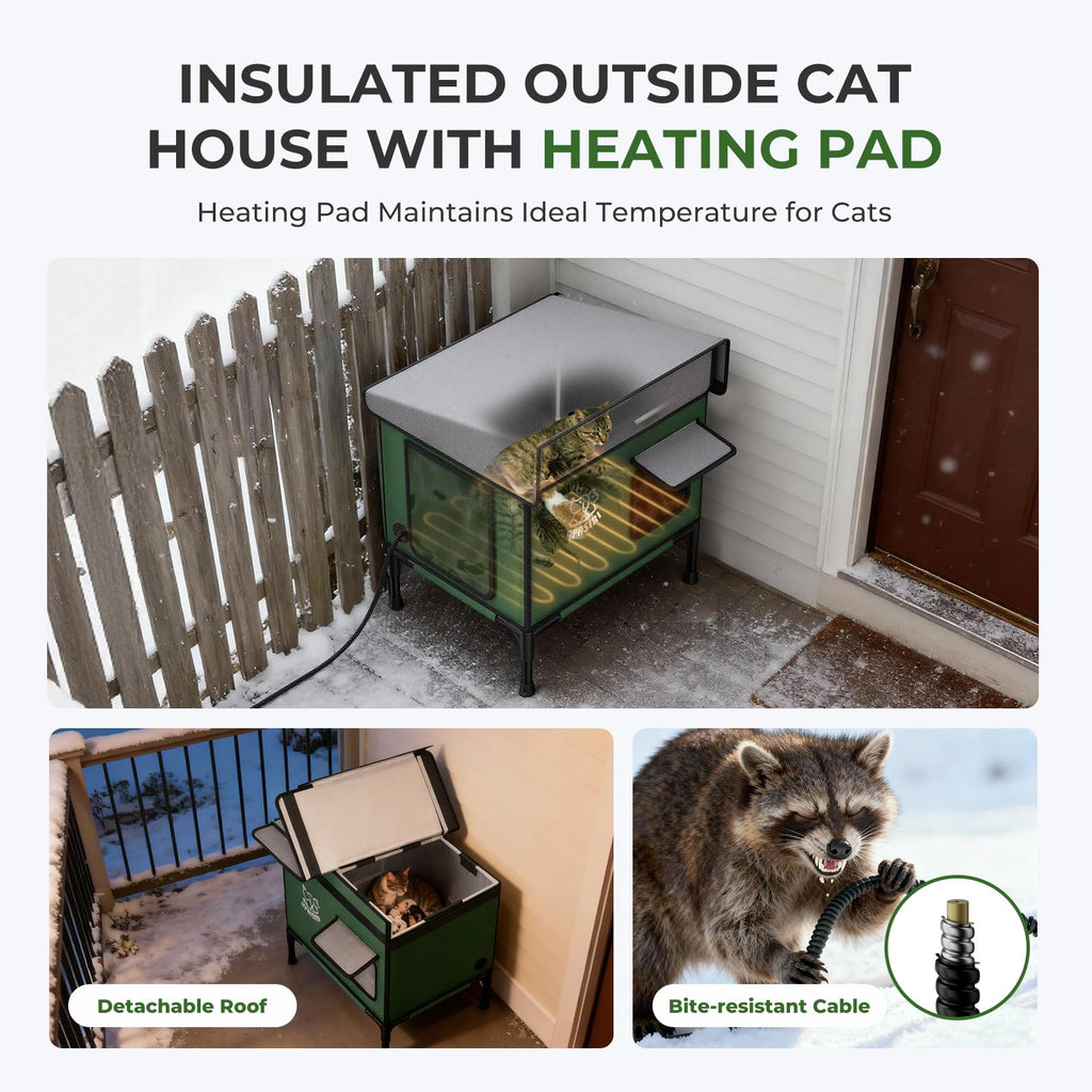 Heated Cat House for Outdoor: Weatherproof Outside Cat Shelter, Insulated Cat House Outdoor with Heated Pad, Sloping Roof & Escape Door, Elevated Base for Stray Cats, Large