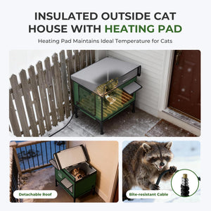 Heated Cat House for Outdoor: Weatherproof Outside Cat Shelter, Insulated Cat House Outdoor with Heated Pad, Sloping Roof & Escape Door, Elevated Base for Stray Cats, Large
