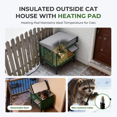 Heated Cat House for Outdoor: Weatherproof Outside Cat Shelter, Insulated Cat House Outdoor with Heated Pad, Sloping Roof & Escape Door, Elevated Base for Stray Cats, Large