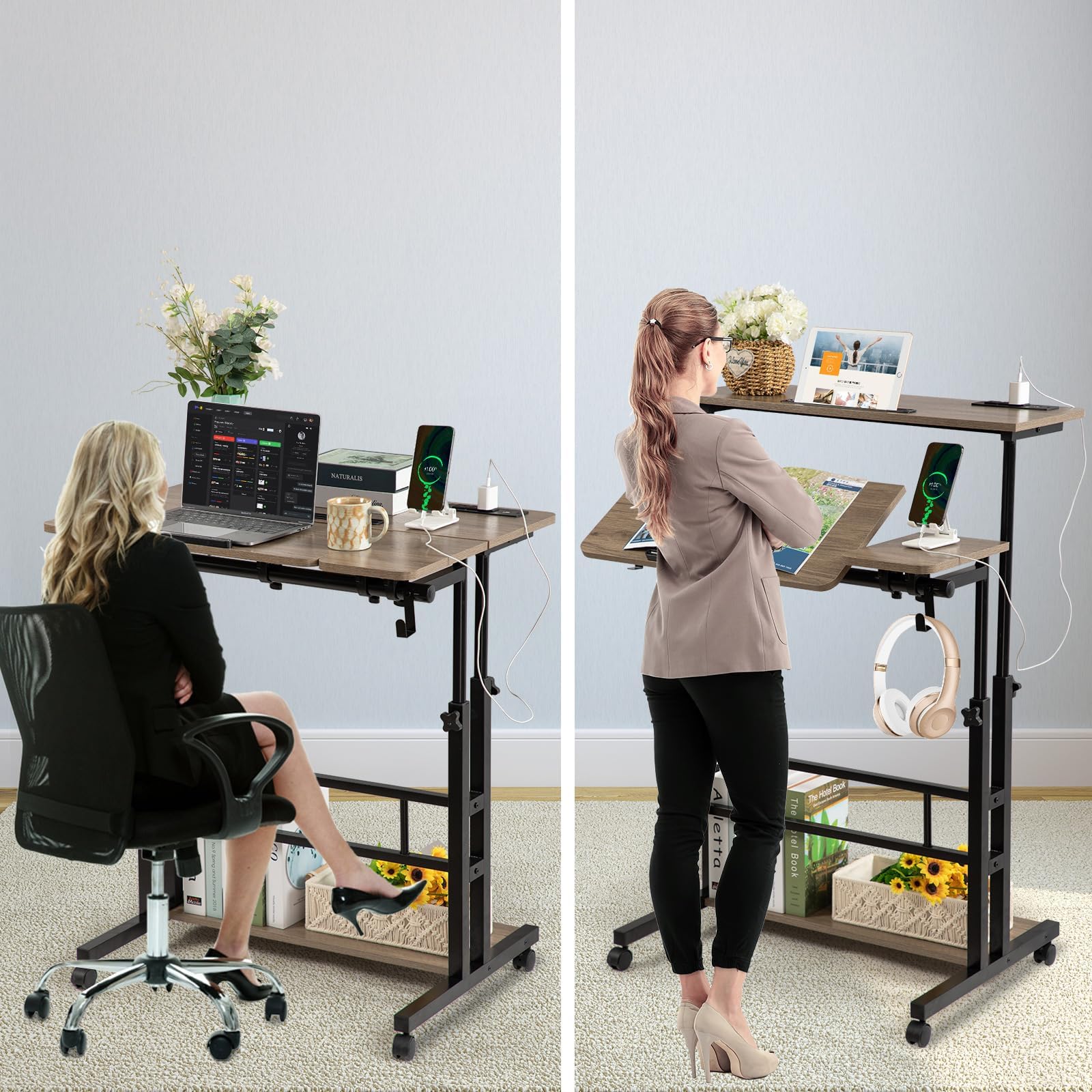 Rolling Stand Up Desk Adjustable Height - Portable Standing Desk with Wheels & Charging Station, Mobile Laptop Desk Small Standing Desk Drawing Table, Grey