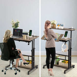 Rolling Stand Up Desk Adjustable Height - Portable Standing Desk with Wheels & Charging Station, Mobile Laptop Desk Small Standing Desk Drawing Table, Grey